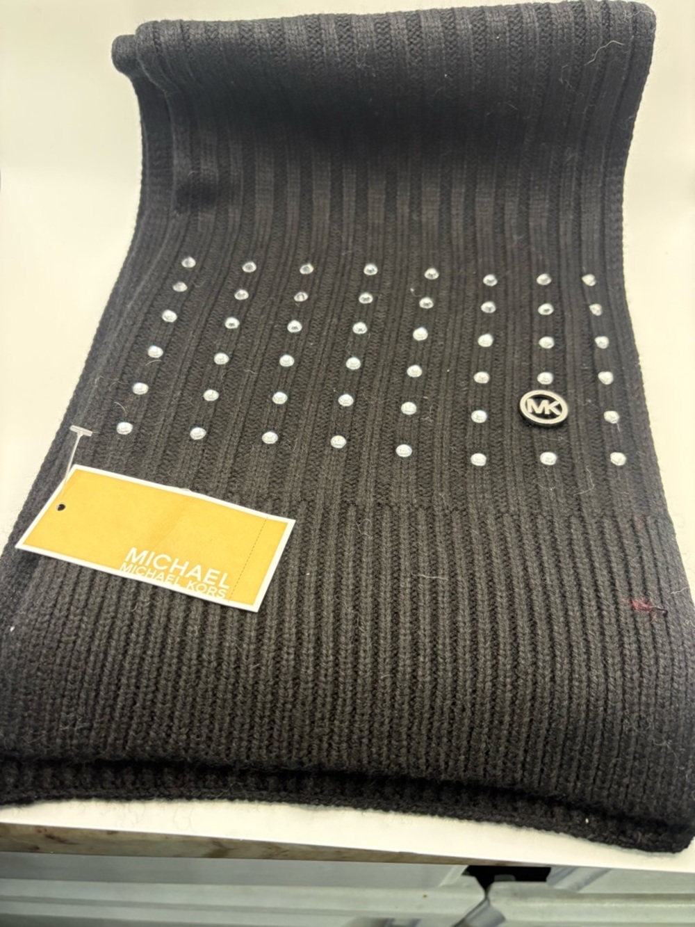 Michael Kors Black Ribbed Knit Scarf with Rhinestones Accents